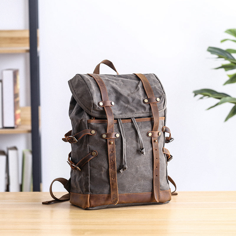 Cool Canvas Leather Mens Womens Dark Gray Backpack Army Green Travel Backpack College Backpack for Men - iwalletsmen