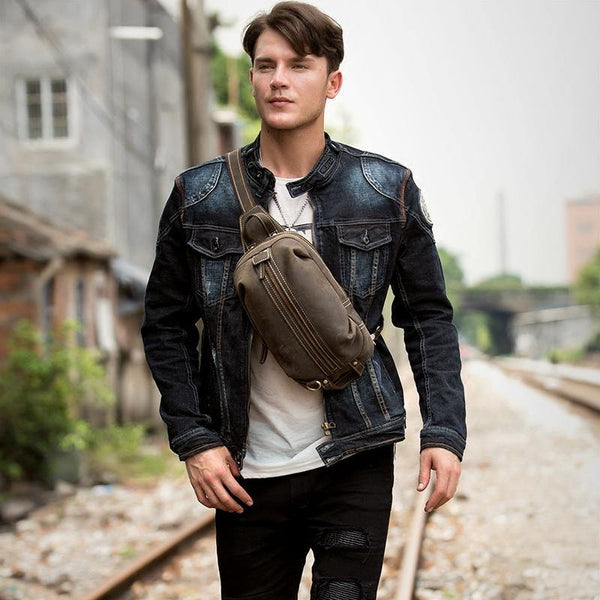 Casual Dark Brown Leather Mens One Shoulder Backpacks Sling Bags Chest Bags for Men - iwalletsmen