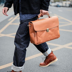Vintage Light Brown Mens Leather Briefcase Work Handbags Brown 14'' Computer Briefcase For Men - iwalletsmen