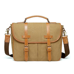 Khaki Canvas Leather Mens Casual Briefcase Shoulder Bag Messenger Bags Casual Courier Bags for Men - iwalletsmen