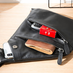 Badass Black Leather Men's Sling Bag Chest Bag Black One shoulder Backpack Bundy Bag For Men - iwalletsmen