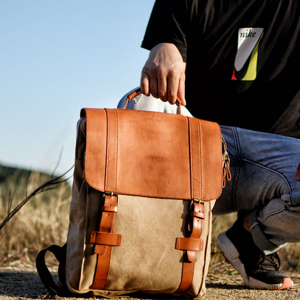 Cool Canvas Leather Womens Mens College Backpack 14'' Travel Backpack Computer Backpack for Men - iwalletsmen