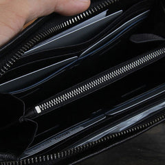 Genuine Leather Mens Cool Long Leather Wallet Zipper Clutch Wristlet Wallet for Men