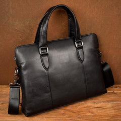 Black Leather Mens 13inches Briefcase Laptop Briefcase Shoulder Business Bags Work Bag for Men - iwalletsmen