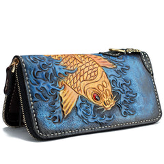 Handmade Leather Carp Mens Chain Biker Wallet Cool Leather Wallet Long Phone Wallets for Men