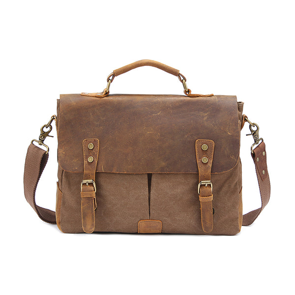 Canvas Leather Mens 14" Simple Khaki Briefcase Side Bag Lake Green Messenger Bag Brown Shoulder Bag for Men - iwalletsmen