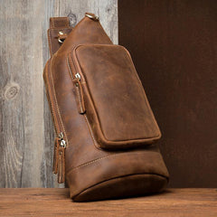 Brown Casual Leather Mens 8 inches Sling Bags Chest Bags One Shoulder Backpack for Men - iwalletsmen