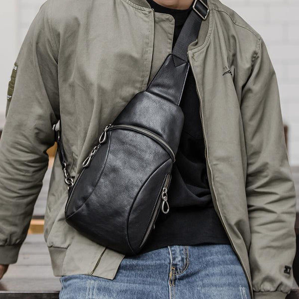 Cool Mens Black Leather Sling Bag Chest Bag Soft Black One Shoulder Backpack Sling Backpack for men - iwalletsmen
