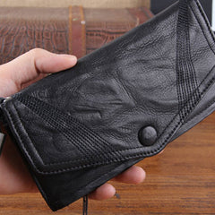 Genuine Leather Mens Cool Biker Chain Wallet Long Leather Wallet Slim Clutch Wristlet Wallet for Men