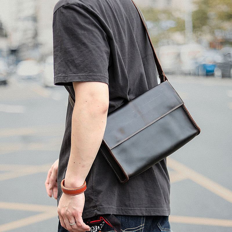Dark Coffee Leather Mens Casual Small Courier Bag Messenger Bags Amber Postman Bag For Men - iwalletsmen