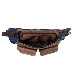 Navy Blue Canvas Leather Fanny Pack Men's Brown Chest Bag Canvas Sling Hip Bag Waist Bag For Men - iwalletsmen