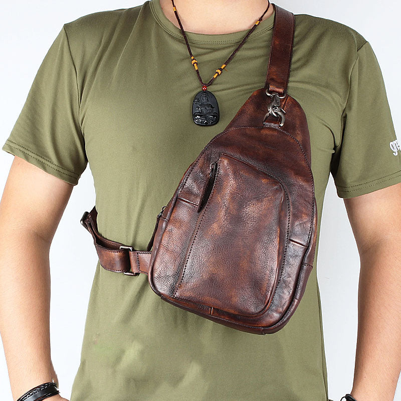 Cool Brown MENS LEATHER Sling Bag Chest Bag Coffee One Shoulder Backpack For Men - iwalletsmen