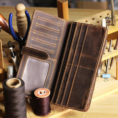 Handmade Dark Brown Leather Mens Bifold Long Wallet Cards Long Wallet For Men - iwalletsmen