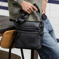 Black Soft Leather Mens 10 inches Vertical Postman Bag Black Messenger Bags Side Bag for Men - iwalletsmen