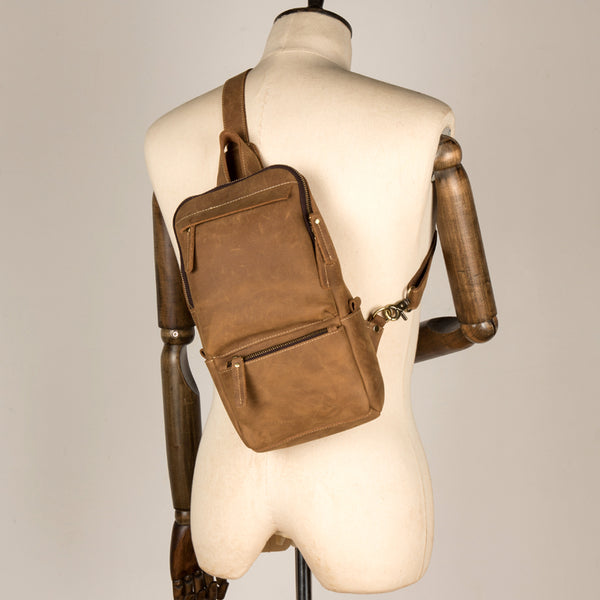 Cool Light Brown Leather Mens 10 inches Sling Bag Crossbody Pack Chest Bag for men - iwalletsmen