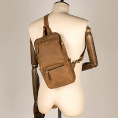 Cool Light Brown Leather Mens 10 inches Sling Bag Crossbody Pack Chest Bag for men - iwalletsmen