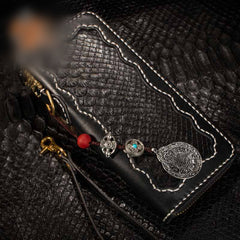 Handmade Leather Python Skin Mens Chain Biker Wallet Cool Leather Wallet Long Phone Wallets for Men