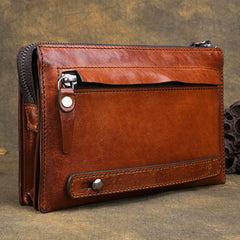 Handmade Brown Leather Mens Long Wallet Wristlet Wallet Brown Zipper Clutch Wallet for Men - iwalletsmen