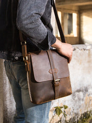 Dark Brown Casual Leather Mens 10 inches Vertical Side Bag Postman Bag Brown Messenger Bag Courier Bag for Men - iwalletsmen