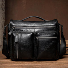 Black Leather 10 inches Mens Small Messenger Bag Black Side Bag Courier Bag Postman Bag for Men - iwalletsmen