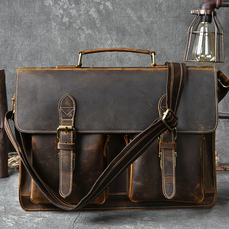 Vintage Leather Mens 14" Brown Laptop Briefcase Business Brown Briefcase For Men - iwalletsmen