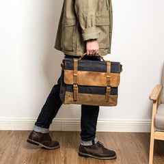 Canvas Leather Mens Side Bag Black 14'' Briefcase Gray Postman Bag Messenger Bag for Men - iwalletsmen