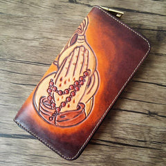 Brown Handmade Ganesha Leather Long Wallet Zipper Wallet Clutch Wallet For Men - iwalletsmen