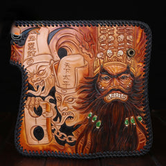 Handmade Mens Cool Tooled Zhong Kui demon Leather Chain Wallet Biker Trucker Wallet with Chain