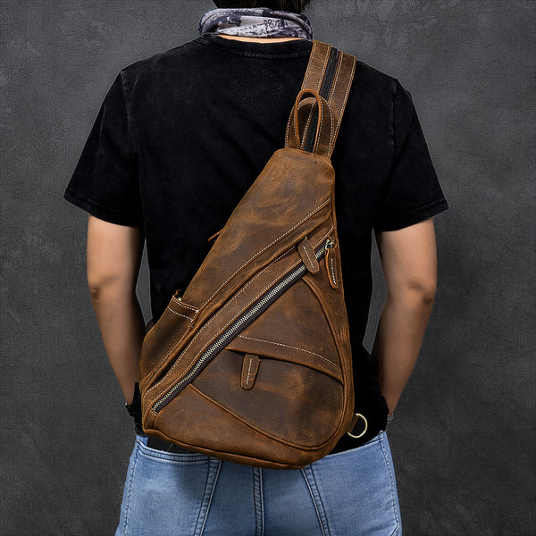 Vintage Leather Mens 16" Backpack Sling Bag Brown Chest Bag One Shoulder Backpack for Men - iwalletsmen