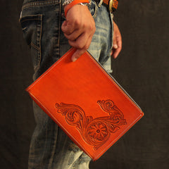 Cool Handmade Tooled Leather Tan Floral Skull Clutch Wallet Wristlet Bag Clutch Purse For Men - iwalletsmen