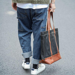 Black Vintage Leather Men Womens Large Tote Bag Brown Shoulder Tote Bag Shopper Tote For Men - iwalletsmen