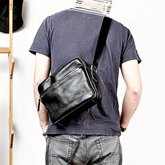 Black Leather Mens 10 inches Courier Bag Messenger Bag Black Small Postman Bag For Men - iwalletsmen