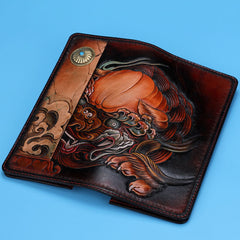 Handmade Leather Chinese Lion Mens Chain Biker Wallet Cool Leather Wallet With Chain Wallets for Men
