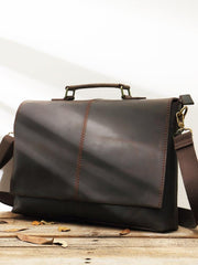 Dark Brown Leather Mens Large 14 inches Work Briefcase Laptop Bag Messenger Bags Work Side Bags for Men - iwalletsmen