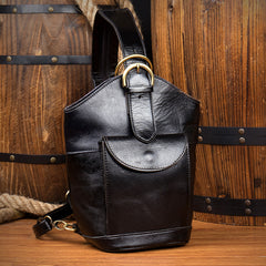 Black Leather Mens Cool Bucket Small Sling Bags Backpack Crossbody Pack Chest Bag for Men - iwalletsmen