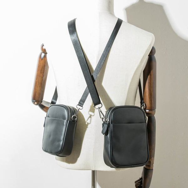 Mens Small Black Leather Shoulder Bag Black Crossbody Phone Bag Leather Small Bag for Men