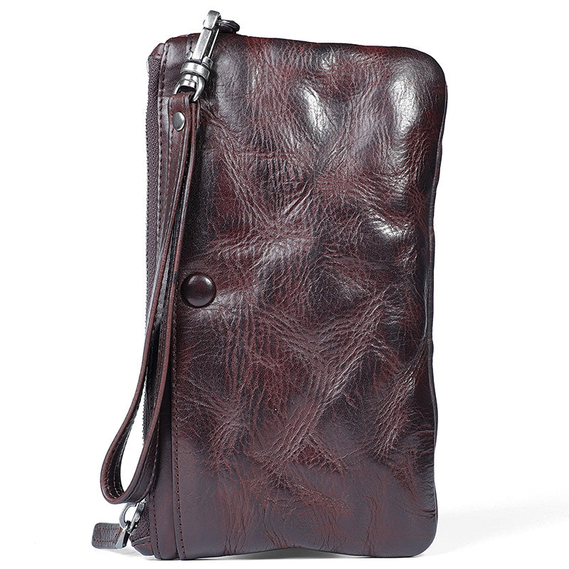 Handmade Wrinkled Leather Mens Brown Cool Long Wristlet Wallet Black Clutch Wallet for Men - iwalletsmen