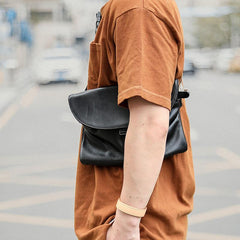 Black Leather Mens Small Courier Bag Chest Bag Messenger Bags Black Sling Bag For Men - iwalletsmen