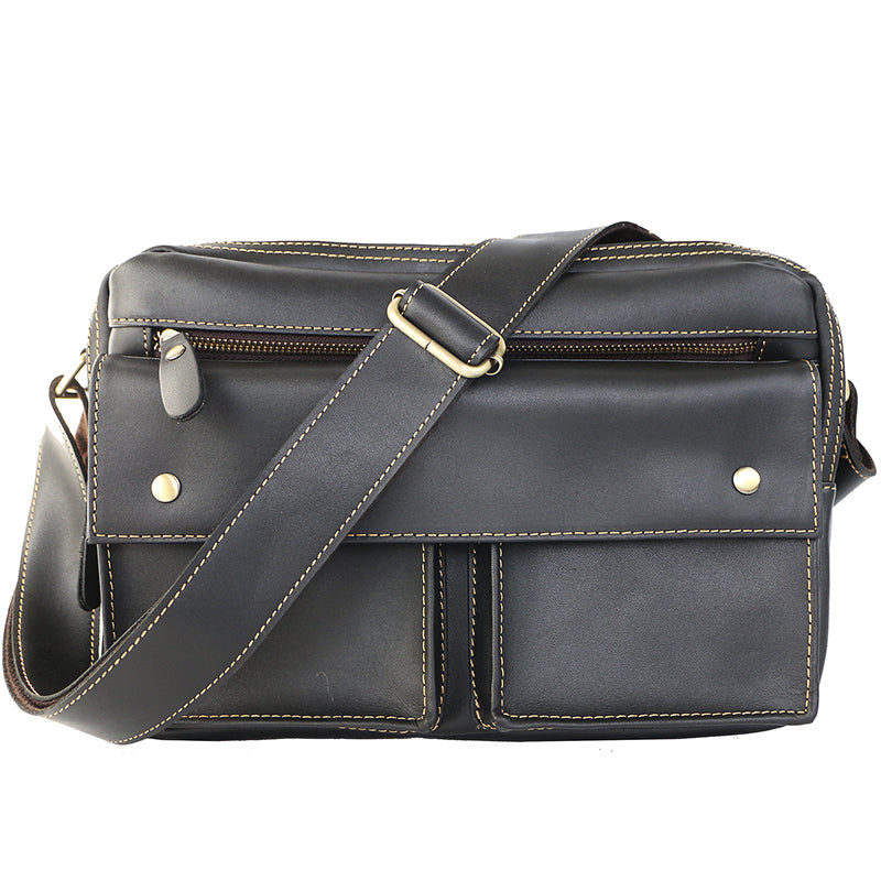 Black Leather Mens Casual 10" Courier Bags Messenger Bag Small Postman Bags For Men - iwalletsmen