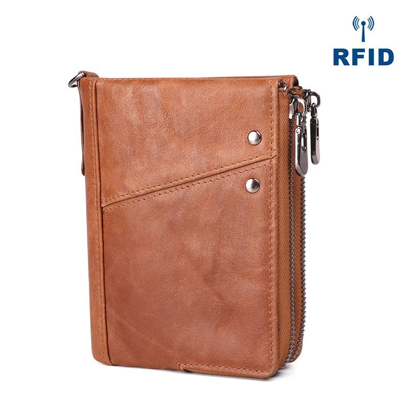 RFID Cool Brown Leather Men's Bifold Small Wallet Zipper billfold Wallet For Men - iwalletsmen