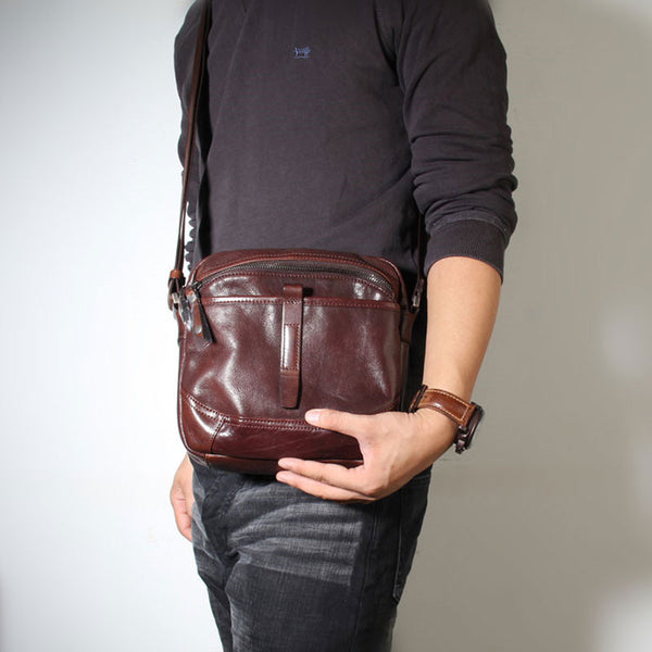 Genuine Leather Mens Cool Small Messenger Bag Sling Bag Chest Bag Bike Bag Cycling Bag for men