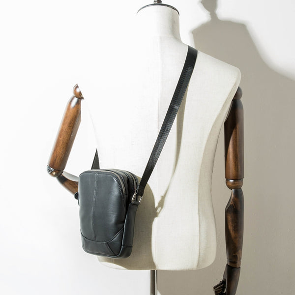 Black Leather Mens Small Vertical Messenger Bag Postman Bag Small Courier Bag for Men - iwalletsmen