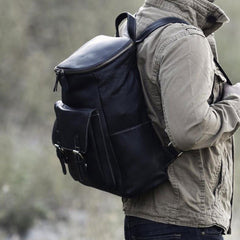 Genuine Leather Mens Cool Backpack Sling Bag Large Black Travel Bag Hiking Bag for men