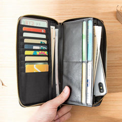 Black Cool Leather Mens Long Wallets Bifold Zipper Gray Long Wallet Card Wallet for Men - iwalletsmen