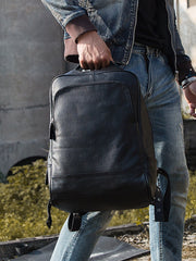 Black Fashion Mens Leather 15-inch Business Computer Backpacks Laptop Backpacks Black College Backpack for men - iwalletsmen