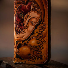 Handmade Leather Mens Clutch Wallet Cool Buddha&Demon Tooled Wallet Long Zipper Wallets for Men
