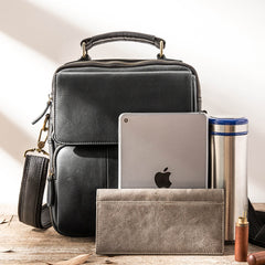Black Leather Mens Vertical Small Briefcase Work Handbag Side Bag Business Shoulder Bag for Men - iwalletsmen
