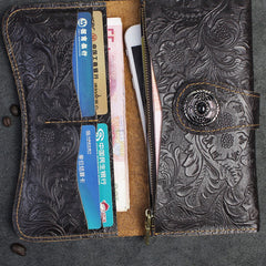 Handmade Leather Floral Mens Cool Travel Long Wallet Card Holder Card Slim Clutch Wallets for Men