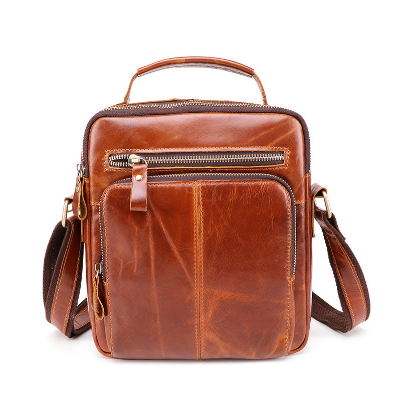 Cool Brown Leather Men's Small Vertical Side Bag Blue Vertical