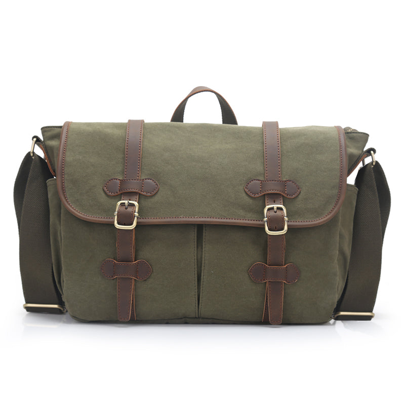 Canvas Leather Mens Womens 14" Side Bag Khaki Messenger Bag Shoulder Bag Handbag for Men - iwalletsmen